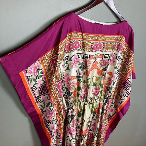 Josie Natori Kaftan dress tunic L / XL silk pattern luxury butterfly pink Asian - Picture 5 of 12